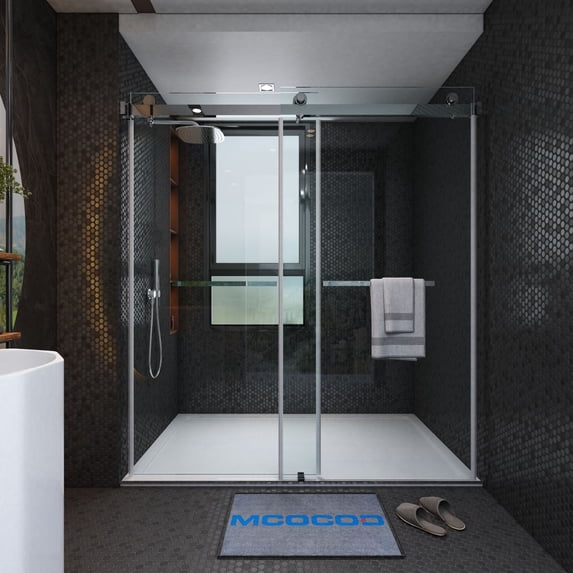 MCOCOD 56 to 61 in. W x 76 in. H Modern Frameless Double Sliding Shower Door, Chrome Finish