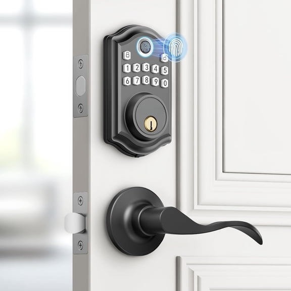 DS10 Keyless Entry Door Lock with Handle - 2 Lever Handles, Fingerprint Door Lock, Keypad Deadbolt, 2 , Code,  Locks for Front Door, -Lock, Easy Installation - Matte Black