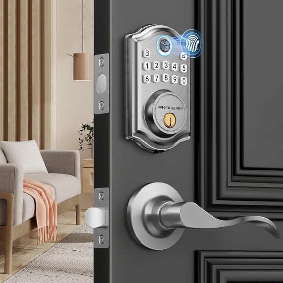 DS10 Keyless Entry Door Lock with Handle - 2 Lever Handles, Fingerprint Door Lock, Keypad Deadbolt, 2 Keys, Code, Smart Locks for Front Door, Auto-Lock, Easy Installation - Satin Nickel