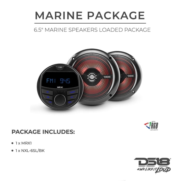 DS18 HYDRO MRX16SL/BK Includes MRX1 Marine Headunit and NXL-6SL/BK Marine Speakers- Black