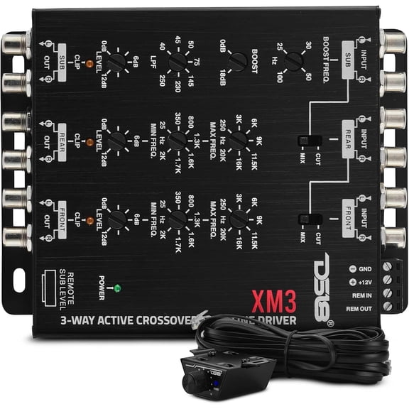 DS18 XM3 3-Way Active Crossover with Line Driver  11V Output, Adjustable Bass Boost (018dB), Remote Subwoofer Control with Clip Indicator, Tiffany RCA Connectors  Pro Car Audio Frequency Processor