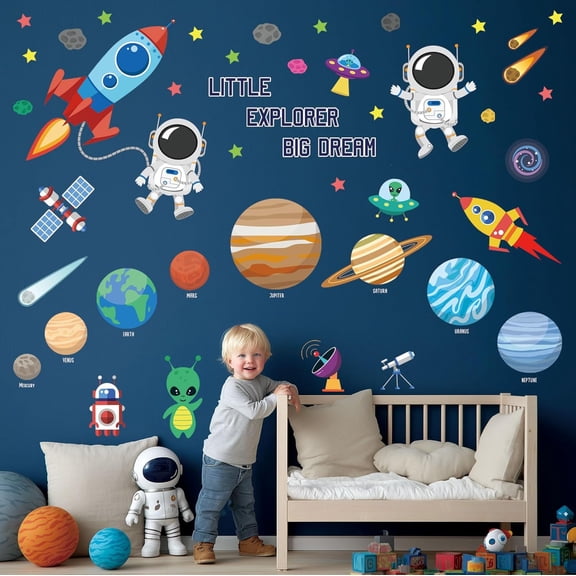 DS9-8058 Outer Space Wall Decals Stickers Kids Bedroom Room dcor Nursery Boys Galaxy Stars Astronaut Planets Solar System Dark Removable Decoration Living Spaceship Window Art Mural Peel