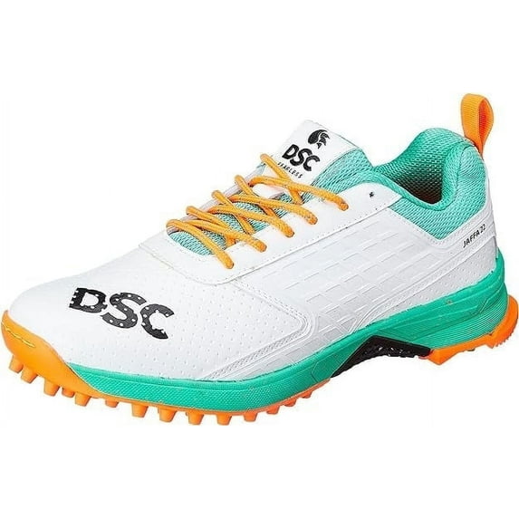 DSC Jaffa 22 Cricket Sport Shoes | Color: Sea Green-Fluro Orange| Size: 7US/6UK/40EU | For Men & Boys | Breathable Mesh | Non-Slip | Improved Stability | Embossed Design | Durable & Lightweight