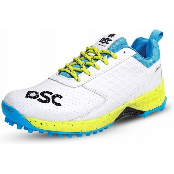 DSC Jaffa 22 Cricket Sport Shoes | Color: White-Lime-Yellow| Size: 9US/8UK/42EU | For Men & Boys | Breathable Mesh | Non-Slip | Improved Stability | Embossed Design | Durable & Lightweight