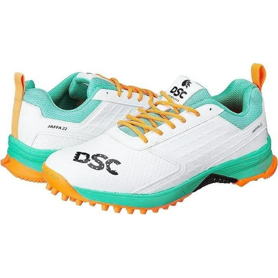DSC Jaffa 22 Cricket Sport Shoes | Color: Sea Green-Fluro Orange| Size: 12US/11UK/45EU | For Men & Boys | Breathable Mesh | Non-Slip | Improved Stability | Embossed Design | Durable & Lightweight