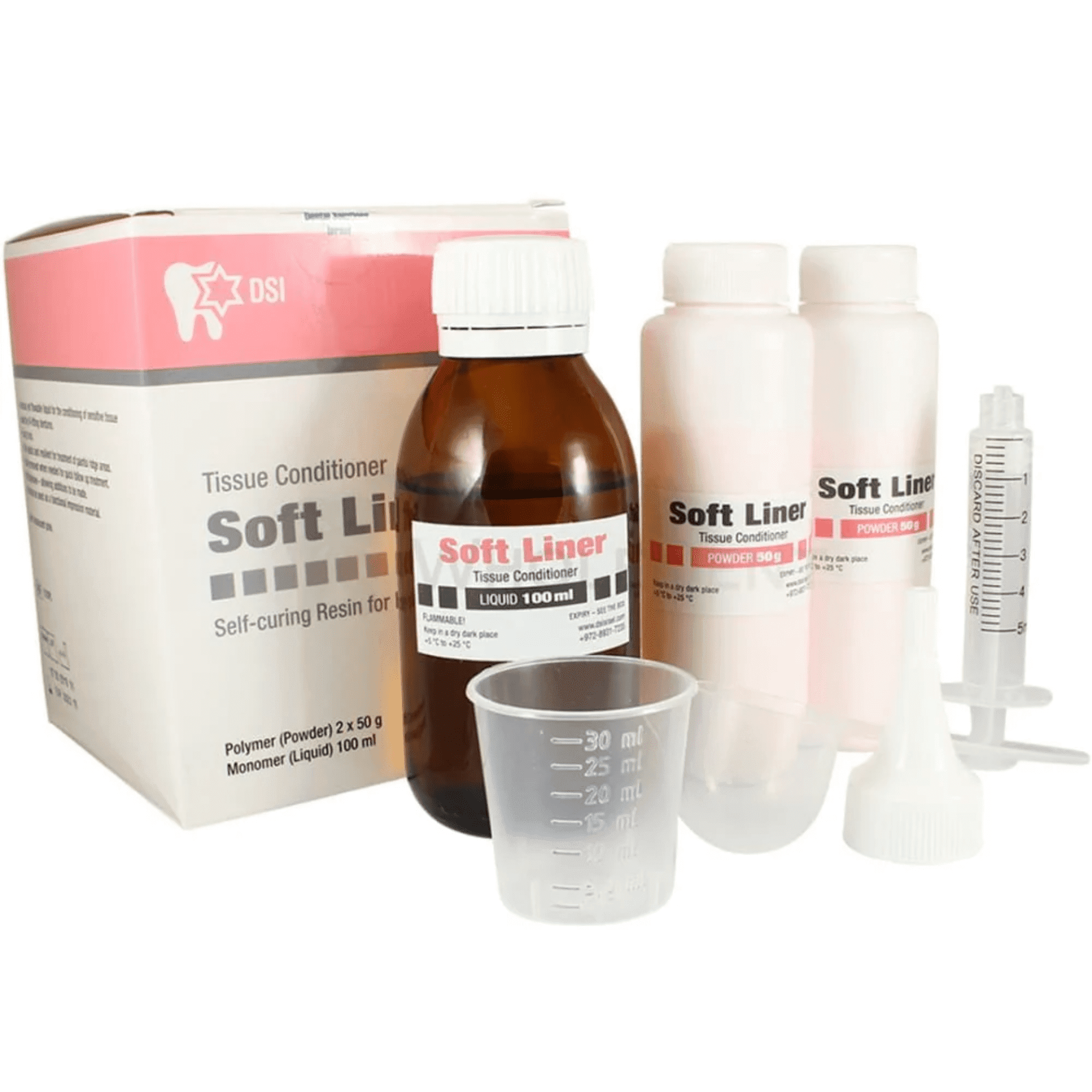 DSI - Soft Denture Liner Tissue Conditioner -  Acrylic Based - Cushioning and Renewing Dentures For Patient Mouth And Gums Comfort - 100g Powder, 100ml Liquid