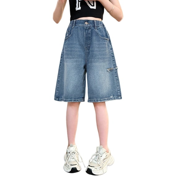DSJLMQ Girls Jeans Shorts Girls Baggy Denim Bermuda Shorts Tween Girls Y2k Vintage Straight Leg Washed Denim Jorts Knee Length Jeans with Pockets