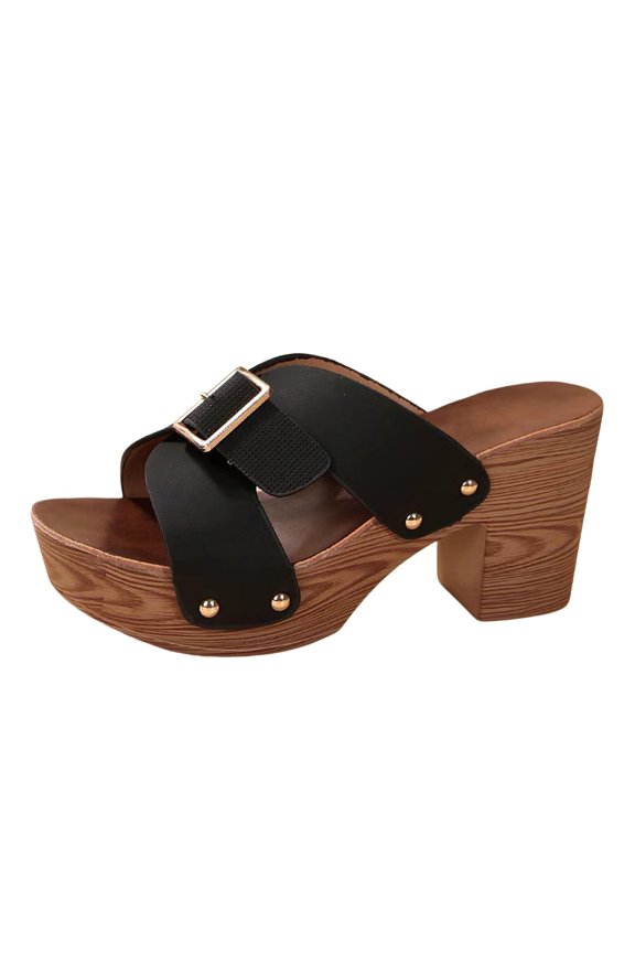 Womens Buckle Cr𝗈𝗌𝗌 Sandals Summer So𝗅id Color We𝖽ge Sandals Wide S𝗅ip on Chun𝗄𝗒 Slides V𝗂ntage Fashion Casual Sandalias Round Toe Mule Slippers