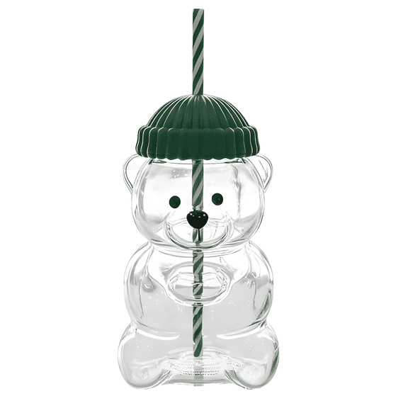 DSK Global Bear Glass Mug with Straw, Bear-Shaped Glass Cup with Lid for Iced Coffee, Smoothies and Hot or Cold Beverages, 20 fl oz