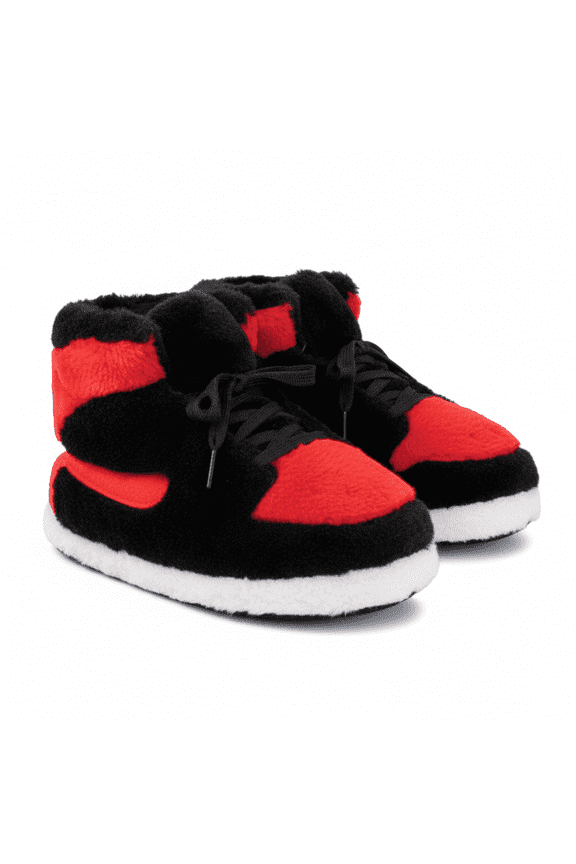 Sneaker Slippers Warm & Comfy Indoor & Outdoor Slippers, Unisex Plush Slippers, Fuzzy Slipper Soft House Shoes for Men, Women, and Kids One Size Fits Most, Red-Black