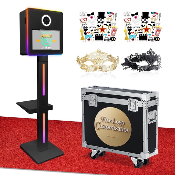 DSLR Photo Booth Built-in Mini PC and Flight Case, Mirror Photo Booth with 15.6" Touch Screen,RGB Lights,App Control, for Parties Weddings Event Rentals (Black)