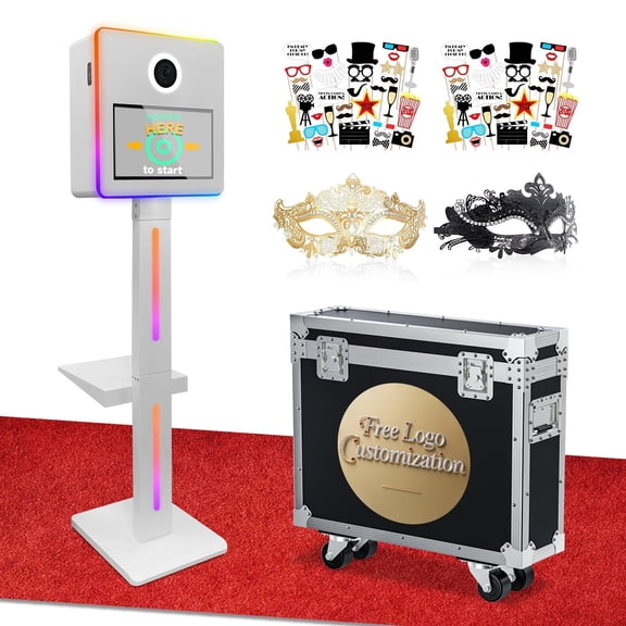 DSLR Photo Booth Built-in Mini PC and Flight Case, Mirror Photo Booth with 15.6" Touch Screen,RGB Lights,App Control, for Parties Weddings Event Rentals (White)