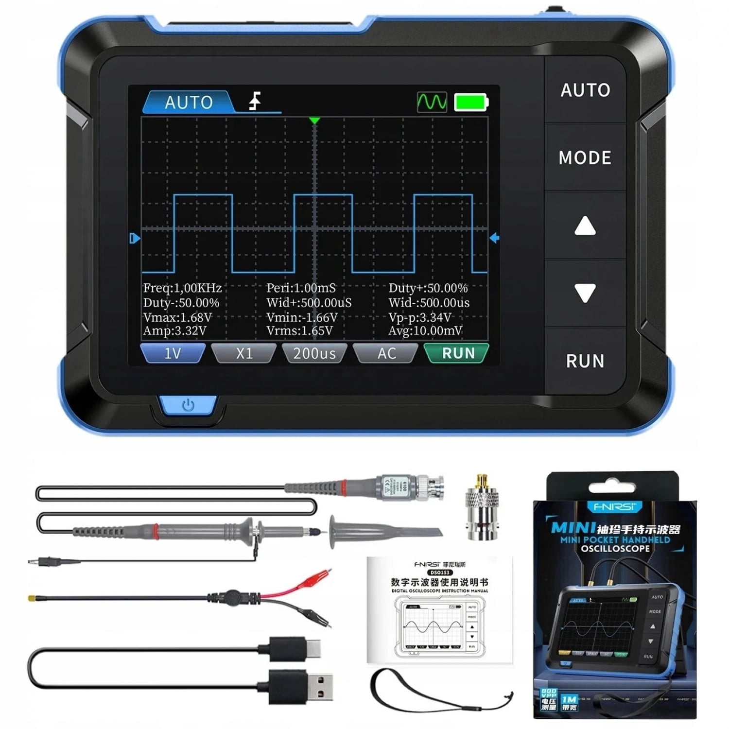 Meponn Handheld Digital Oscilloscope DSO-153 1MHz Bandwidth, 5MS/s Sampling Rate, 2.8 Inch HD LCD with 10KHz Signal Generator, 1-Count
