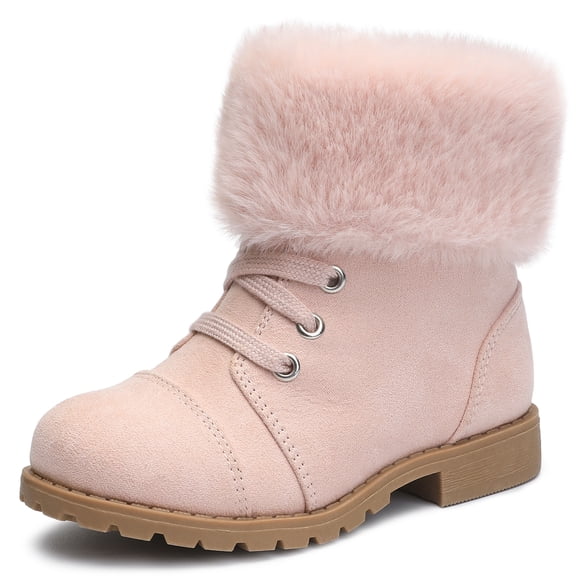 DSOLE Girls Boots Warm Faux Fur Ankle Warm Boots Side Zipper Lace Up Work Boot Combat Boots Pink 7 Toddler