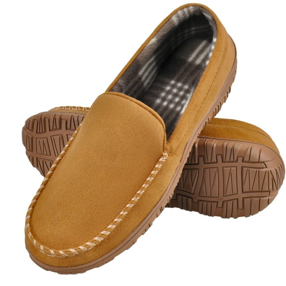 DSOLE Men's Moccasin Slippers Mens Memory Foam Slippers Slip On House Shoes Indoor Outdoor Anti-slip Sole Beige 9