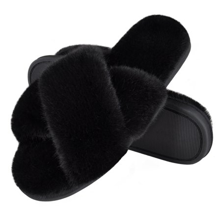DSOLE Women's Fuzzy Slippers ​Cross Band Slippers Memory Foam Open Toe Indoor Outdoor Slippers Black 5-6