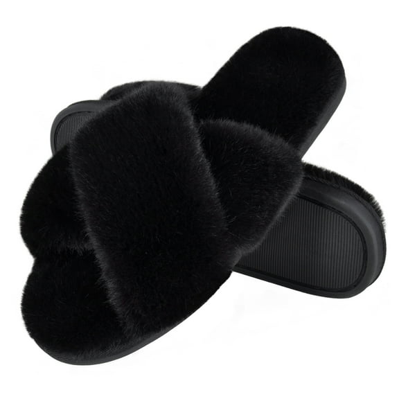 DSOLE Women's Fuzzy Slippers ​Cross Band Slippers Memory Foam Open Toe Indoor Outdoor Slippers Black 5-6