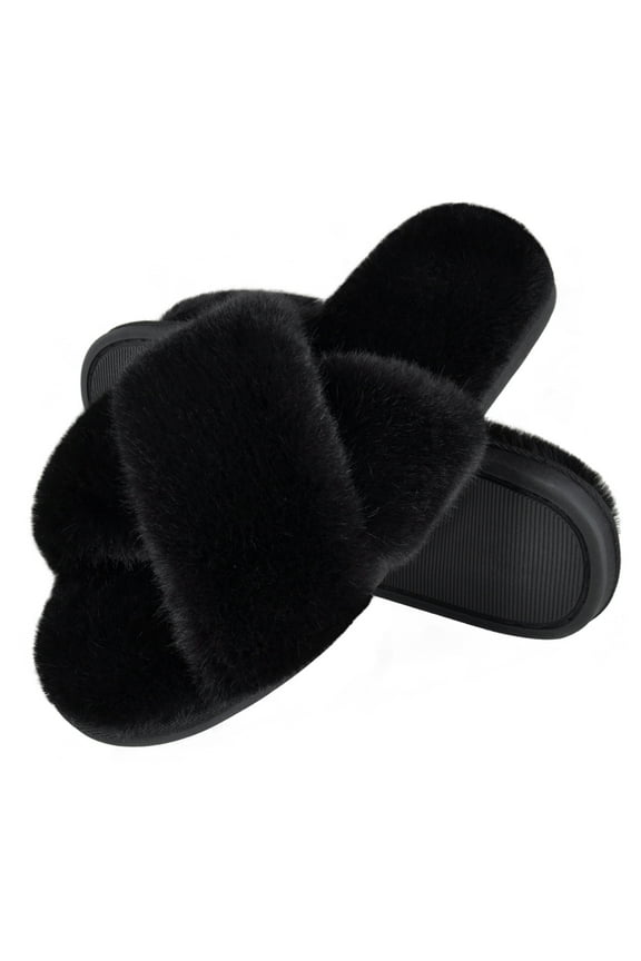 Women's Fuzzy Slippers Cross Band Slippers Memory Foam Open Toe Indoor Outdoor Slippers Black 7-8