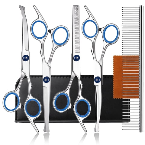 DSOOLO Grooming Scissors Kit for Dogs Cats 5 in 1 Professional Pet Grooming Shear with Safety Round Tips,Blue