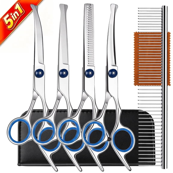 DSOOLO Grooming Scissors Kit for Dogs Cats 5 in 1 Professional Pet Grooming Shear with Safety Round Tips,Blue