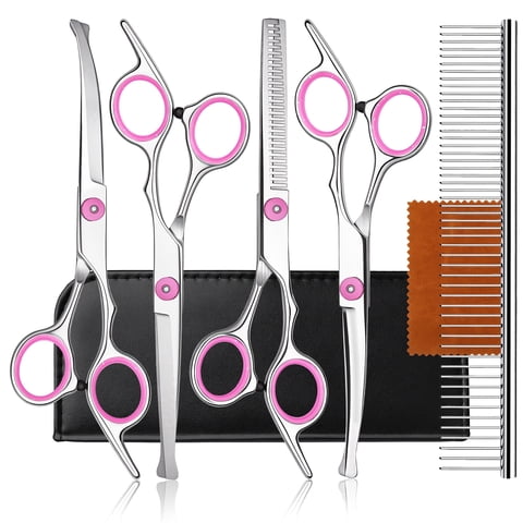 DSOOLO Grooming Scissors Kit for Dogs Cats 5 in 1 Professional Pet Grooming Shear with Safety Round Tips,Pink