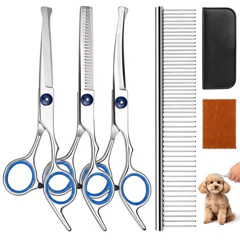 DSOOLO Dog Grooming Scissors Kit 4 in 1 Professional Pet Shears with Safety Round Tips for Dogs Cats,Blue