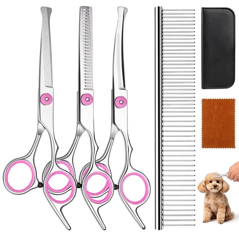 DSOOLO Dog Grooming Scissors Kit 4 in 1 Professional Pet Shears with Safety Round Tips for Dogs Cats,Pink