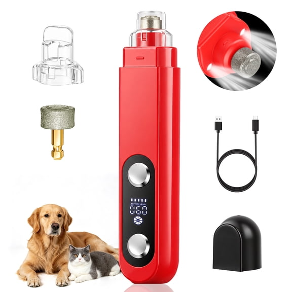DSOOLO Nail Grinder for Dogs Cats, 5 Speed Electric Pet Nail Trimmer with 2 Lights and Replacement Head,Red