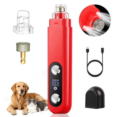 DSOOLO Nail Grinder for Dogs Cats, 5 Speed Electric Pet Nail Trimmer with 2 Lights and Replacement HeadRed