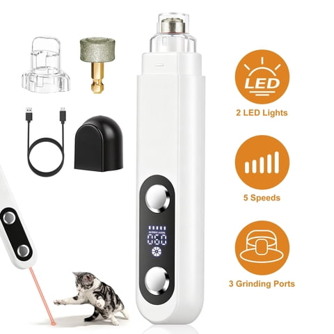 DSOOLO Dog Nail Grinder with 2 Lights,5 Speed Pet Nail Grinder for Small, Medium , Large Dogs and Cats，White