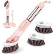 DSOOLO Kitchen Dish Brush with Soap Dispenser Dish Brush Set with Holder Handle 3 Replacement Heads Scrub Brush for Dishes