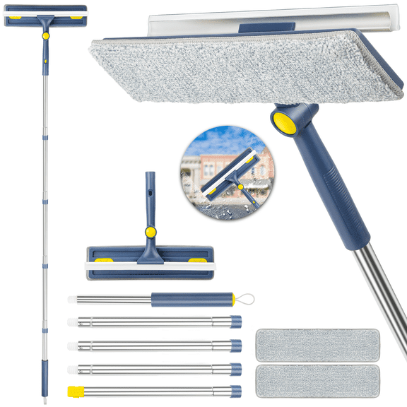 DSOOLO Window Squeegee with Scrubber Long Handle for Bathroom Shower 63 inches, 2-in-1 Window Cleaner Kit with 2 Washing Pads Window Cleaning Tool