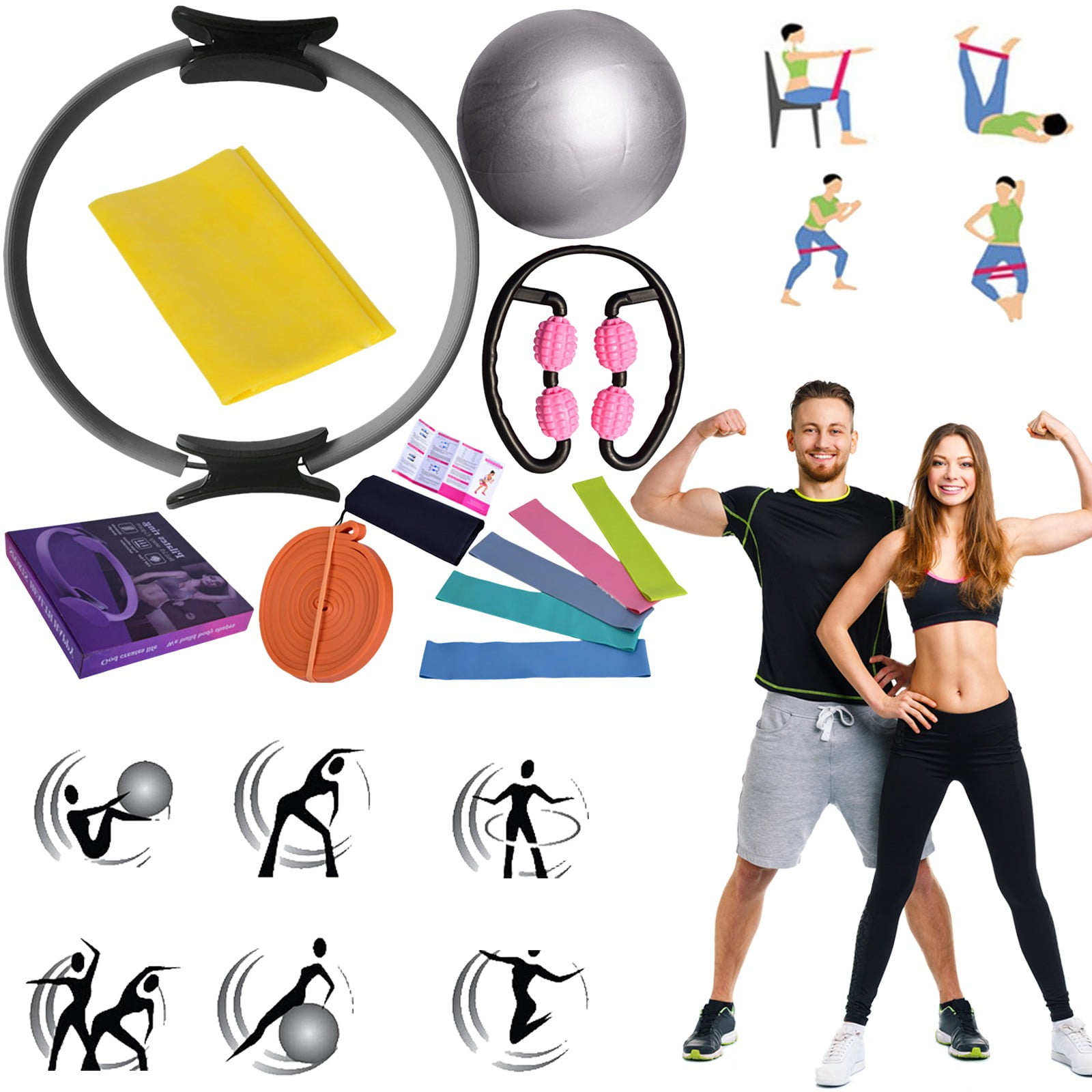 DSOROZI 13 Pcs Yoga Starter Kit Include Yoga Mat with Carry Strap, 2 Yoga Blocks, Yoga Strap, Yoga Pilates Ball, 5 Resistance Bands with Air Pump Yoga Mat Set and Kit for Beginners Women and Men Gray