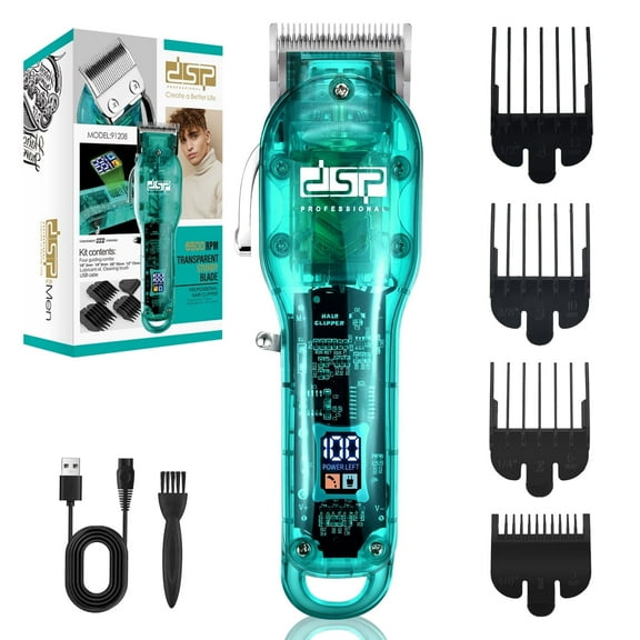 DSP Cordless Barber Clippers for Men - Quiet, Long-Lasting Battery, Stainless Blades, Ideal for Fades & Haircuts, Includes Accessories (Blue Clipper)