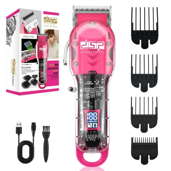 DSP Cordless Barber Clippers for Men - Quiet, Long-Lasting Battery, Stainless Blades, Ideal for Fades & Haircuts, Includes Accessories (Pink Clipper)