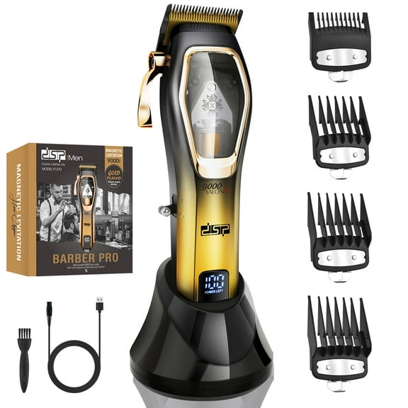 DSP Pro Barber Hair Clippers Set: Cordless Magnetic 9000 RPM, Constant Speed Control for Smooth Cutting. Ceramic Blades, 2500mAh Battery, Low Noise & Heat - Ideal for Men's Grooming & Fades (Gold)