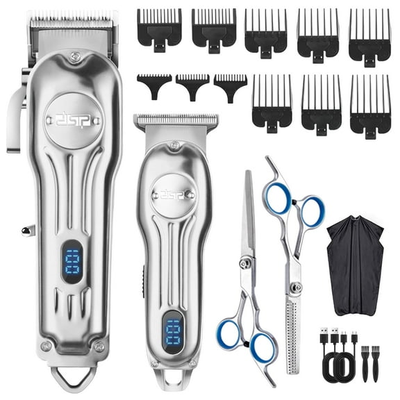 DSP Professional Hair Clipper for Men, Clipper and Trimmer Set - Electric Clipper for Hair Cutting, Cordless Barber Clipper Set with LED Display for Men Gift (Silver)