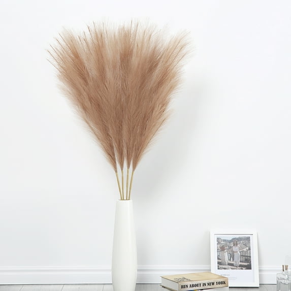 DSSTYLES 4 Stems Faux Pampas Grass, 44 Inch Tall Large Fluffy Artificial Pompous Grass Branches Fake Floral Arrangement for Floor Vase Filler Home Office Wedding Boho Decor (Light Brown)