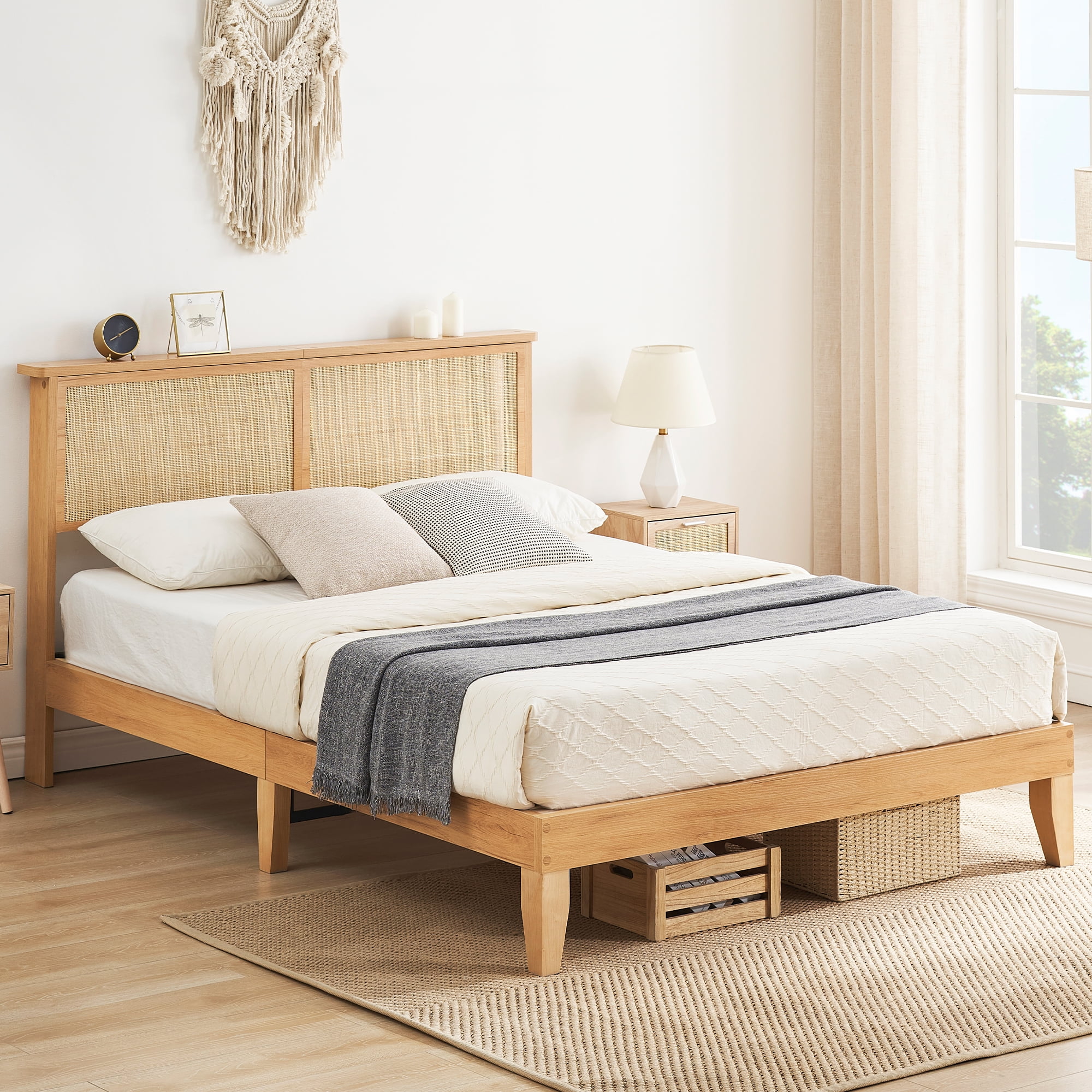 DSSTYLES Full Bed Frame with Rattan Headboard Platform Bed Frame Full Size with Storage Headboard Mattress Foundation Noise Free No Box Spring