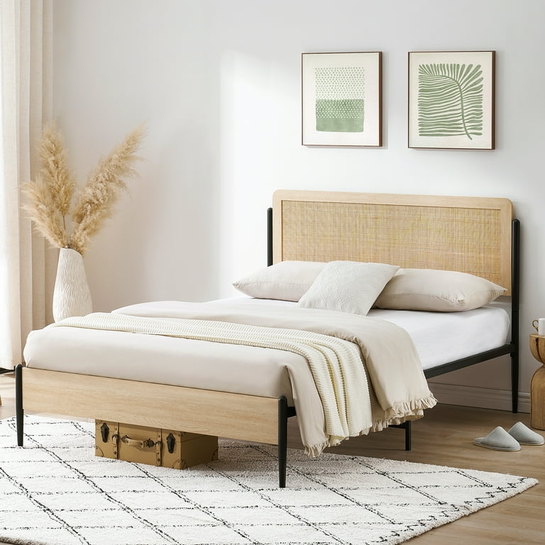 DSSTYLES Full Size Metal Bed Frame with Curved Rattan Headboard and Wooden Footboard Platform Bed Frame with Under Bed Storage Strong Metal Slat
