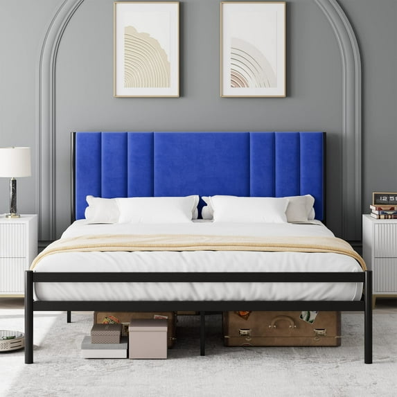 DSSTYLES King Bed Frame, Platform Bed Frame with Velvet Headboard, Heavy Duty Metal Bed Frame with 15 Strong Slats Support, Box Spring Optional, Easy Assembly, Blue