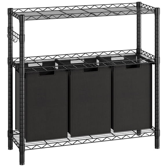 DSSTYLES Laundry Rack, Bamboo Tube Storage Laundry Basket with 3 Laundry Bags, Removable, 45L, Metal Frame, for Laundry Room Bathroom Living Room Bedroom, Black