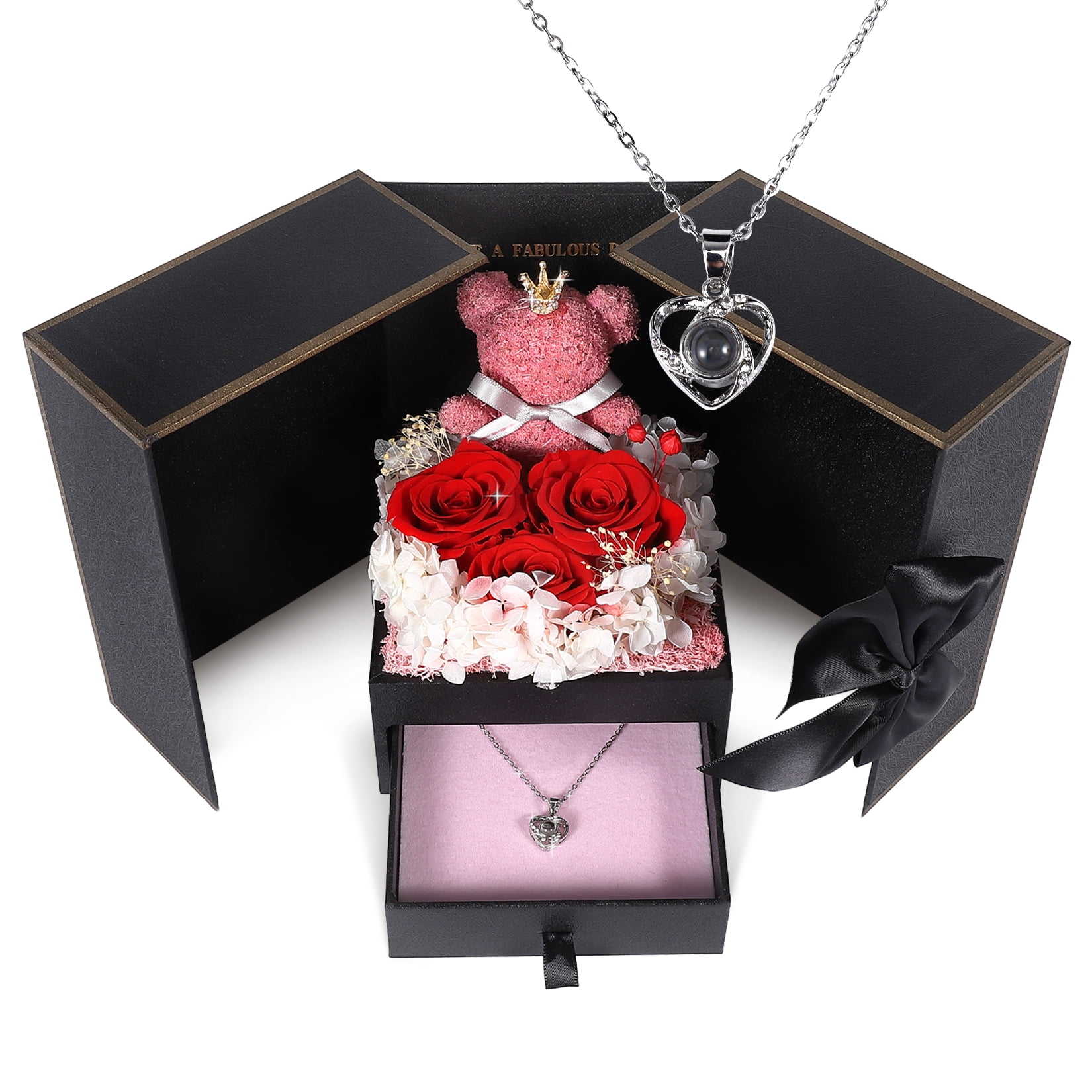 DSSTYLES Preserved Rose Gifts Heart-Shaped Necklace with I Love You in