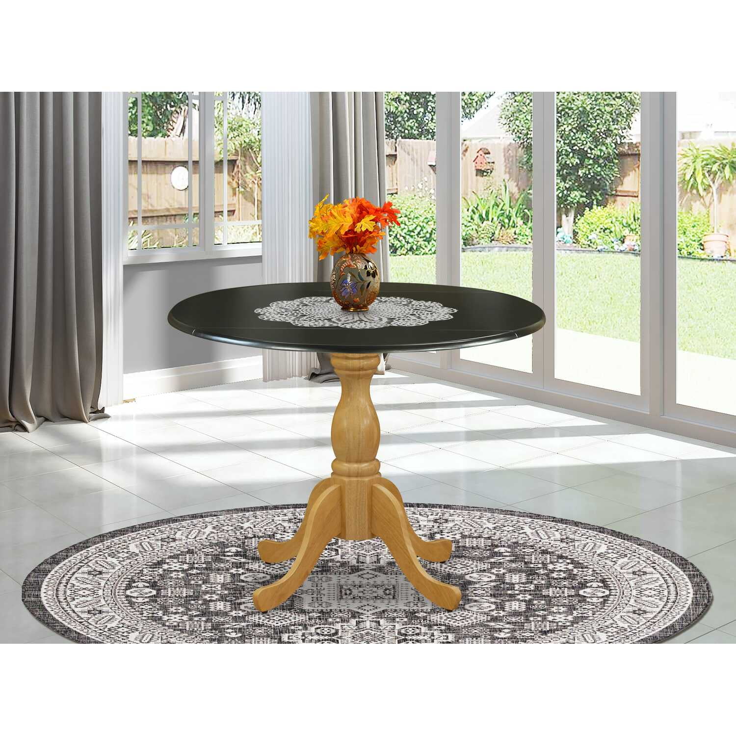 Mid-Century Modern Extendable Solid Wood Round Dining Table in Black and Oak