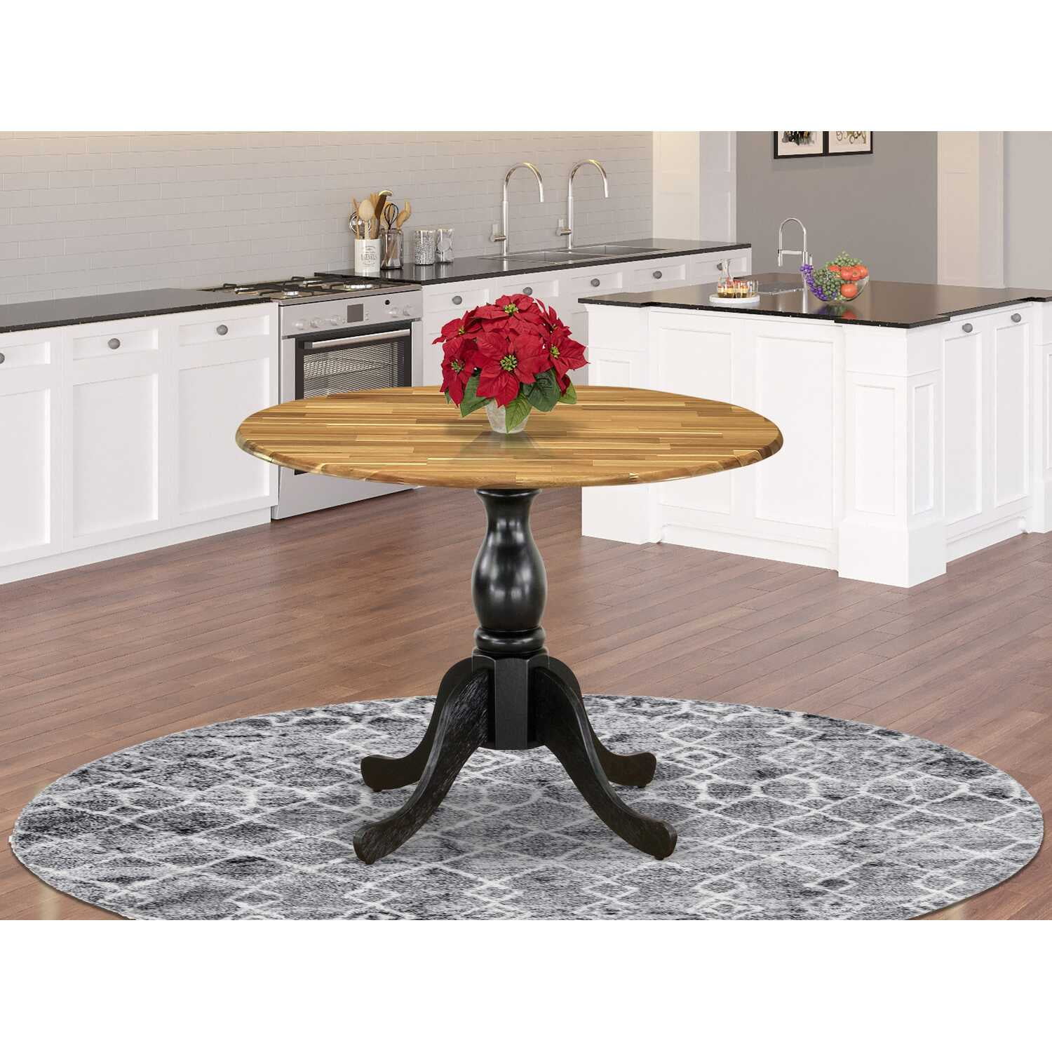 Natural and Black Round Extendable Wood Dining Table