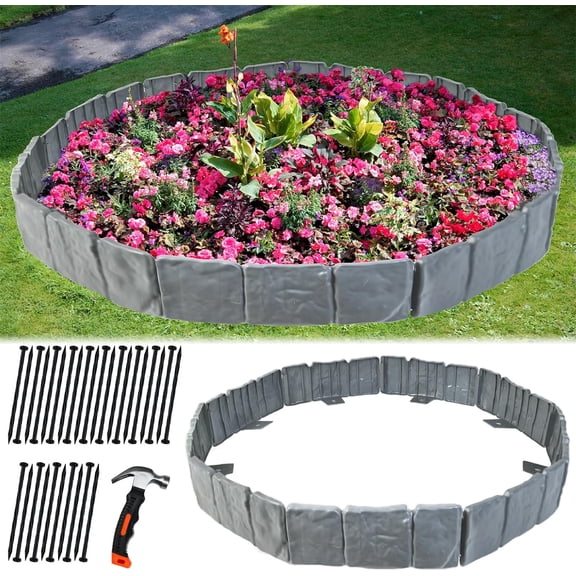 DSTESS Garden Edging Border, 24ft Long Plastic Landscape Edging No Dig for Flower Beds, Garden Edging Imitation Stone Border, Garden Borders and Edging for Landscaping,Gray,30Pcs