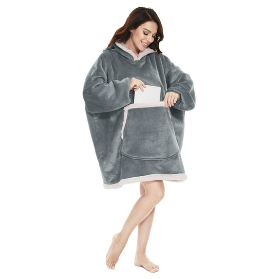 DSTESS Hoodie Blanket with Sleeves,Hoodie Blanket Pullover Ladies Oversized, Fluffy Hoodie Sweatshirt, Super Soft Cozy Warm Flannel Blanket Hoodie,Huge Front Pocket(Gray,Short)