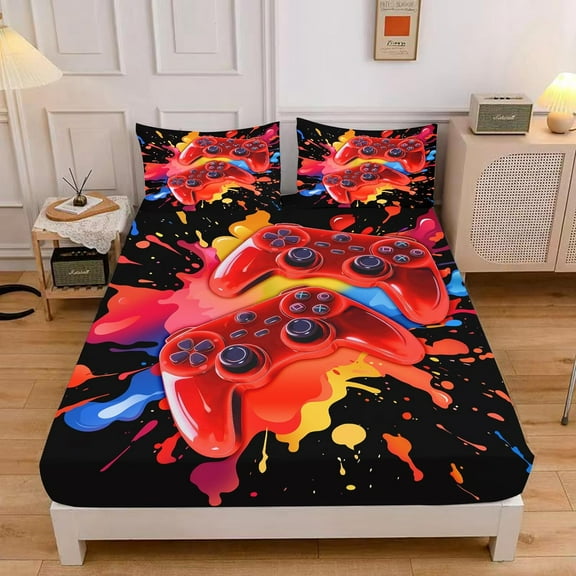 DSTESS Teens Gamepad Fitted Sheet Gaming Gamer Bedding Sets for Boys,Video Games Bed Sheet Sets for Teen Child Game Room Decor(Red, Queen)