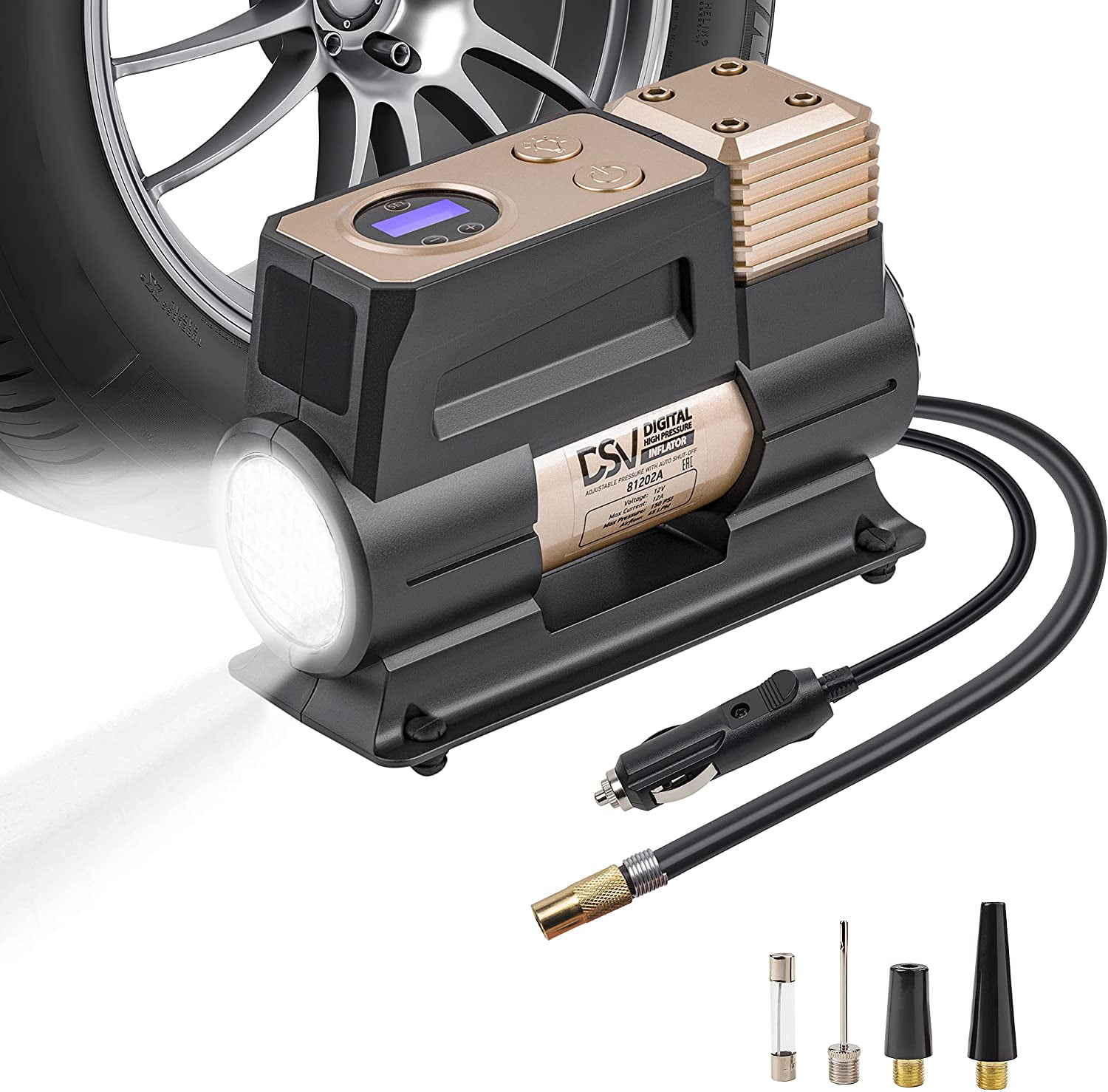 DSV Standard Digital Portable Heavy Duty Double Cylinders Air Compressor  Tire Inflator,12V DC 150PSI Air Pump with Auto Shut Off,Led Light .Car