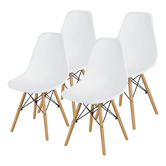 DSW Chairs Set of 4 Pre Assembled Modern Dining Chair with Sturdy Wooden Legs, Shell Lounge Plastic Chairs for Dining, Kitchen, Bedroom & Living (Set of 4 & White)